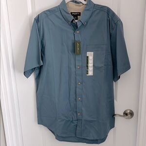 Eddie Bauer Steel Blue Short Sleeve Button Down Front Pocket Moisture Wicking